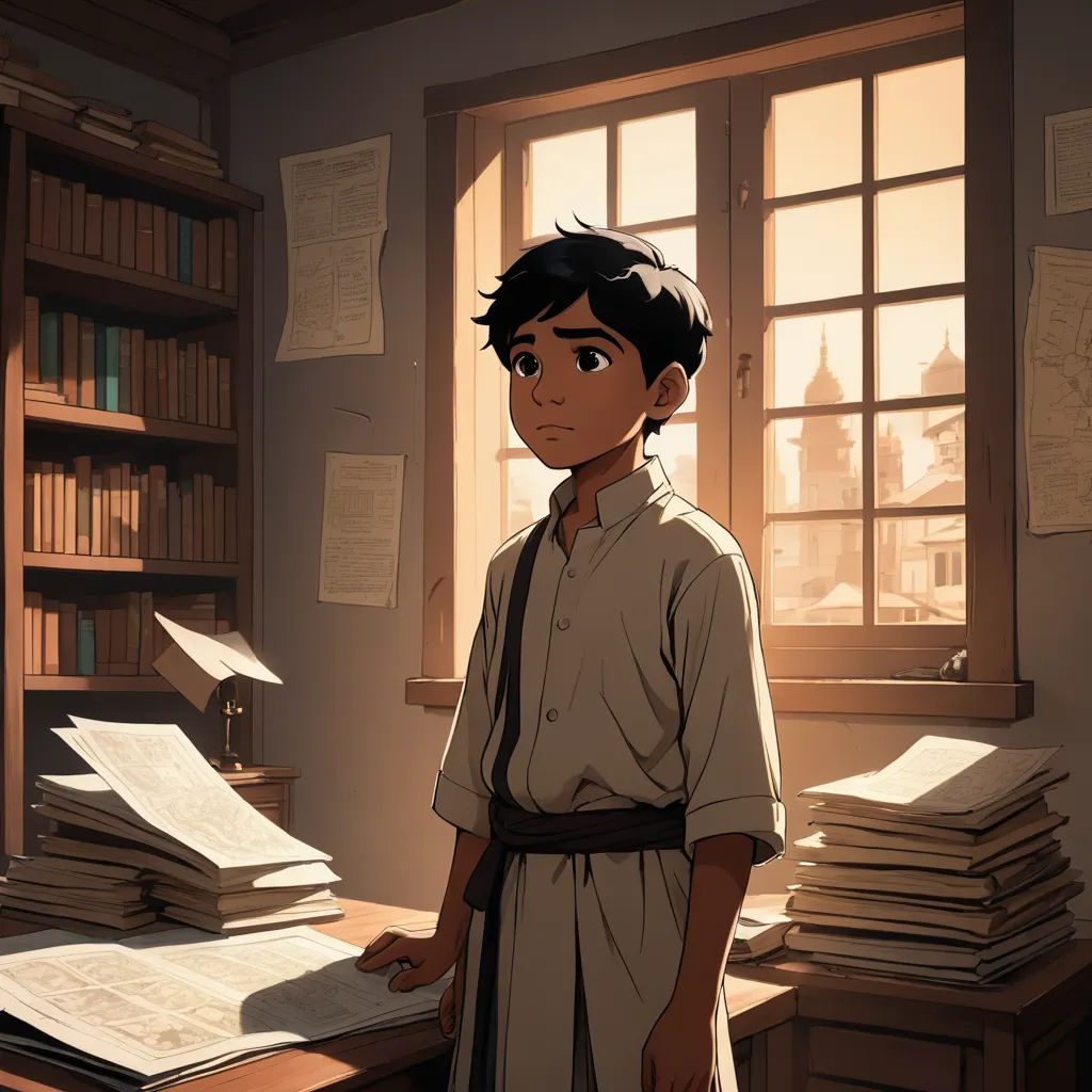 a boy standing in front of a desk with books on it and a window in the background with sunlight coming through, paris school, concept art, Diego Gisbert Llorens, official art