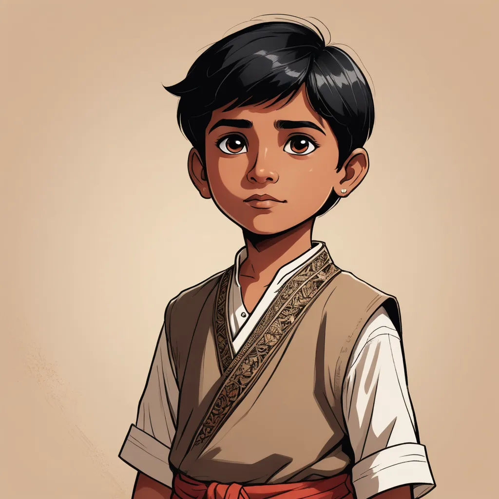 a young boy in a brown shirt and red pants with a brown belt on his waist and a brown shirt on his chest, sots art, a character portrait, Altoon Sultan, character portrait