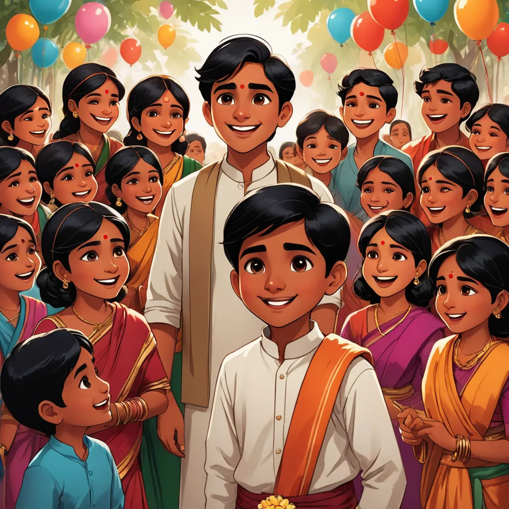 a man standing in front of a crowd of people with balloons in the background and a cake in the foreground, samikshavad, a storybook illustration, Ella Guru, official art
