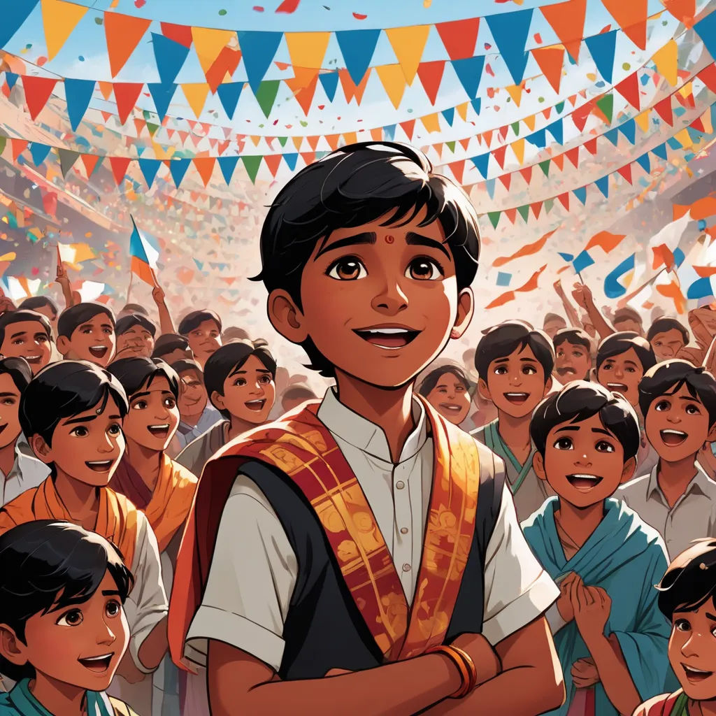 a boy in a crowd of people with a banner in the background that says happy birthday to him,, samikshavad, a comic book panel, Ella Guru, graphic novel