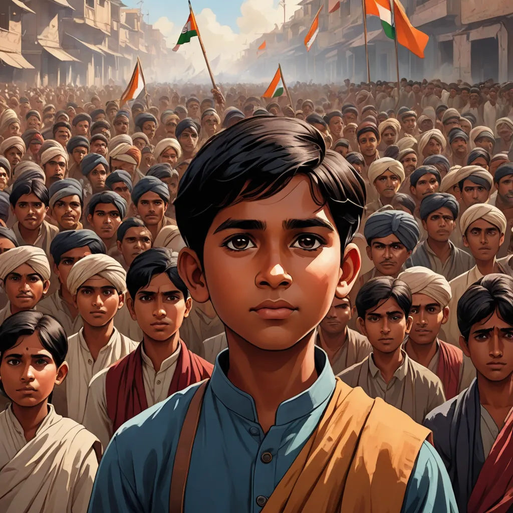 a painting of a boy standing in front of a crowd of people with flags on their heads and shoulders, samikshavad, a detailed matte painting, Drew Struzan, graphic novel