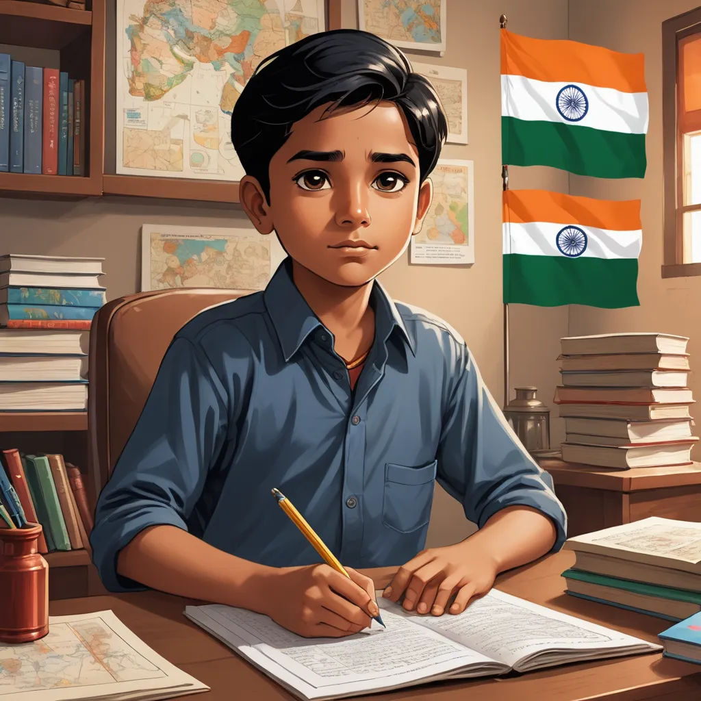 a boy sitting at a desk with a pen and paper in front of him and a flag of india in the background, samikshavad, a storybook illustration, Bikash Bhattacharjee, official art