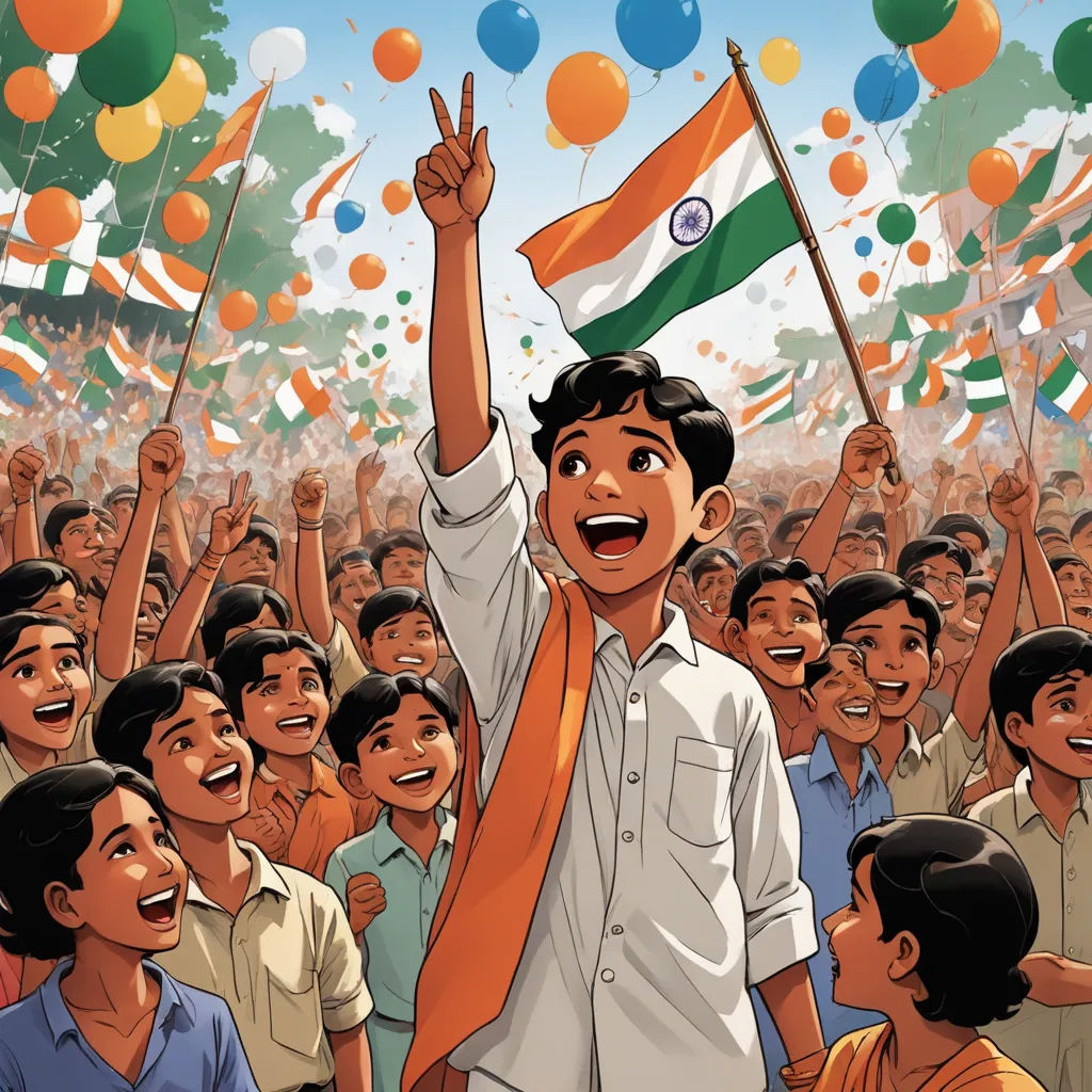 a man holding a flag and waving a flag in front of a crowd of people with balloons in the air, samikshavad, a comic book panel, Bapu, official art