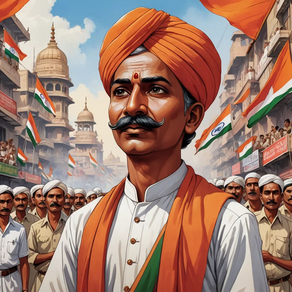 a man with a mustache and a turban in front of a crowd of indian flags and buildings, samikshavad, a digital painting, Bholekar Srihari, highly detailed digital painting