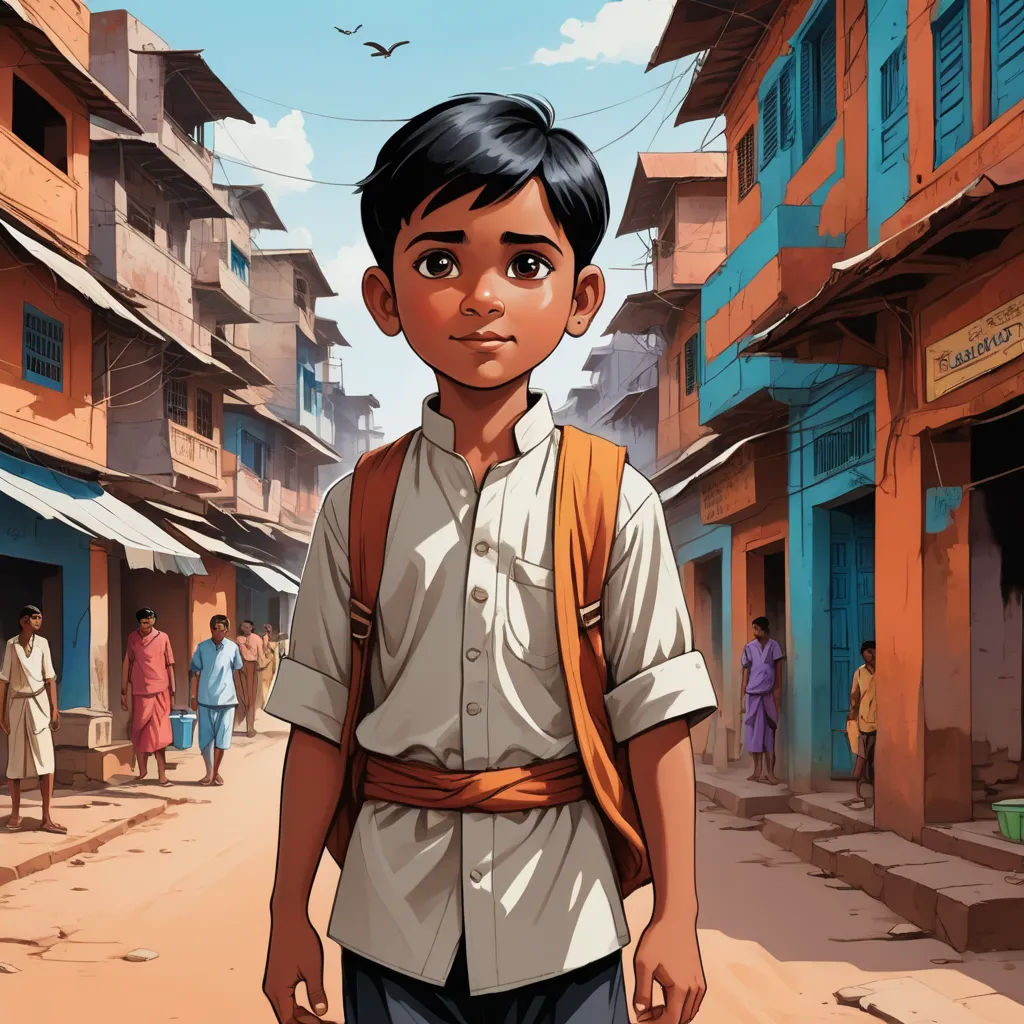 a boy in a white shirt and a brown backpack walking down a street with people in the background and a bird flying overhead, samikshavad, a comic book panel, Bikash Bhattacharjee, graphic novel