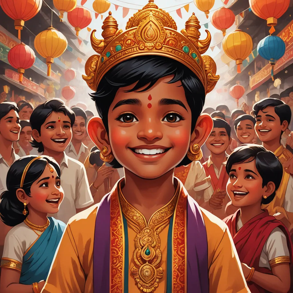 a cartoon of a boy in a crown surrounded by other children in a temple with lanterns overhead and a sky filled with lanterns, samikshavad, a storybook illustration, Ella Guru, comic cover art