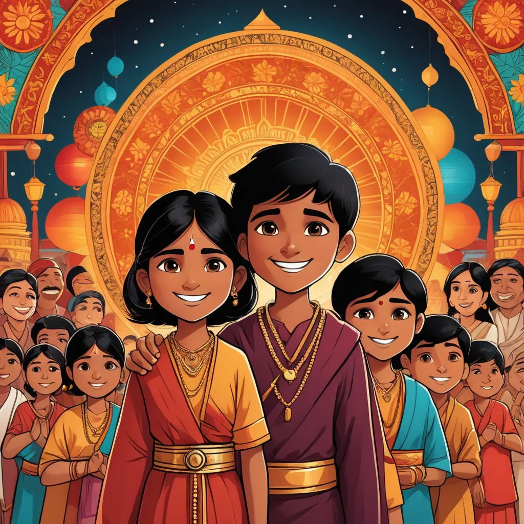 a cartoon of a man and woman standing in front of a crowd of people with a golden circle in the background, samikshavad, a storybook illustration, Ella Guru, promotional image