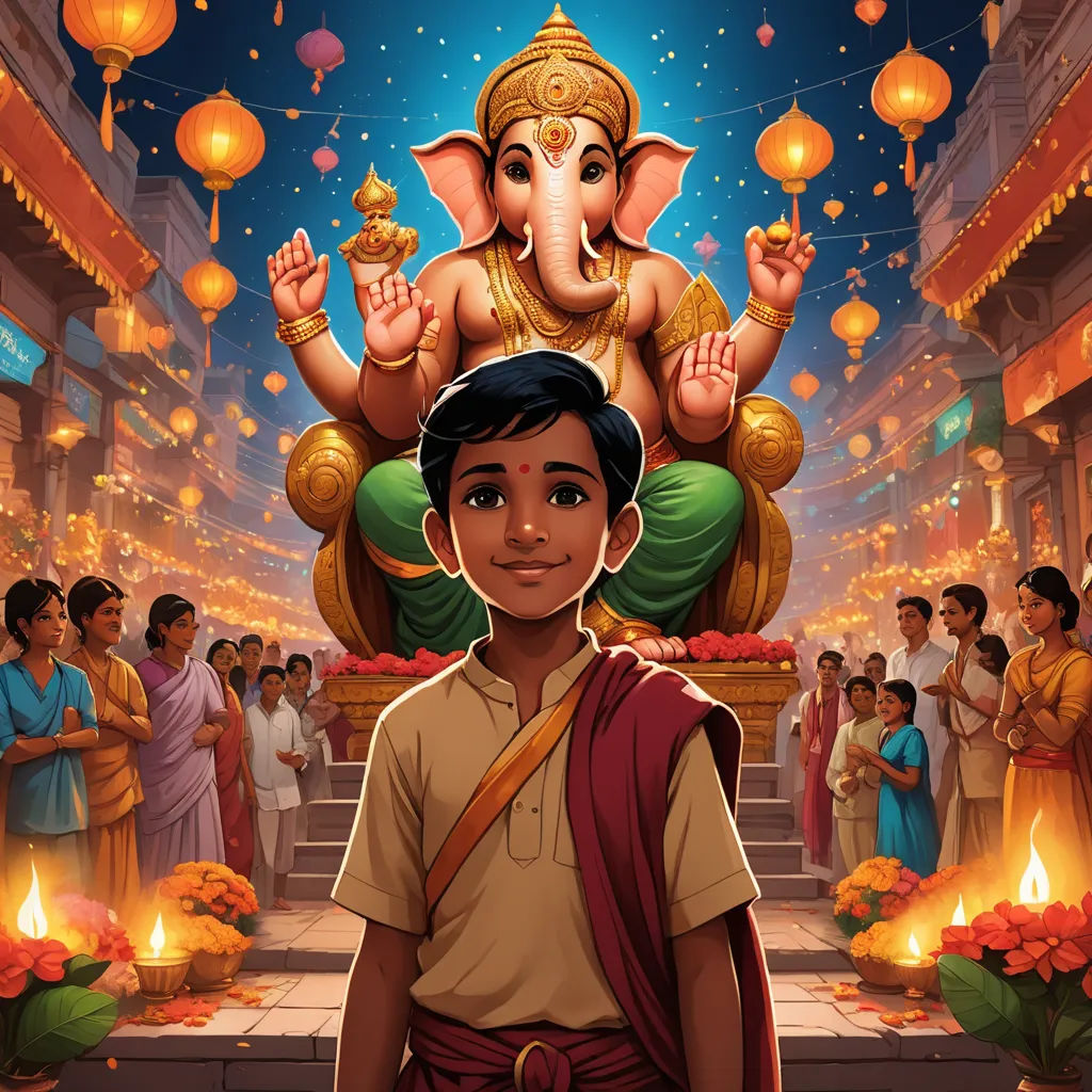 a man standing in front of a statue of a god with a crowd of people around him and a lit candle, samikshavad, a storybook illustration, Ella Guru, promotional image