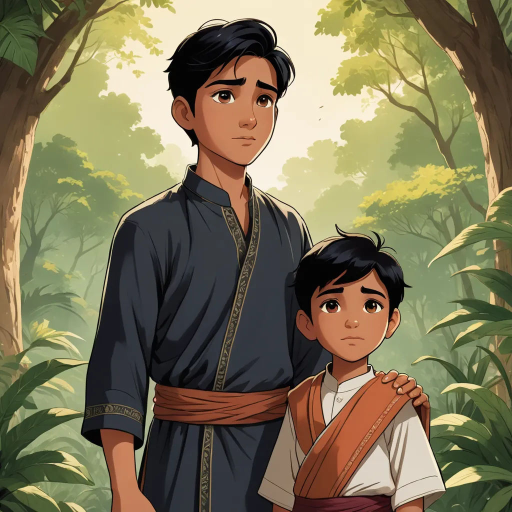 a man and a boy standing in a forest with trees and bushes behind them, with a background of trees and foliage, sots art, concept art, Cliff Childs, official art