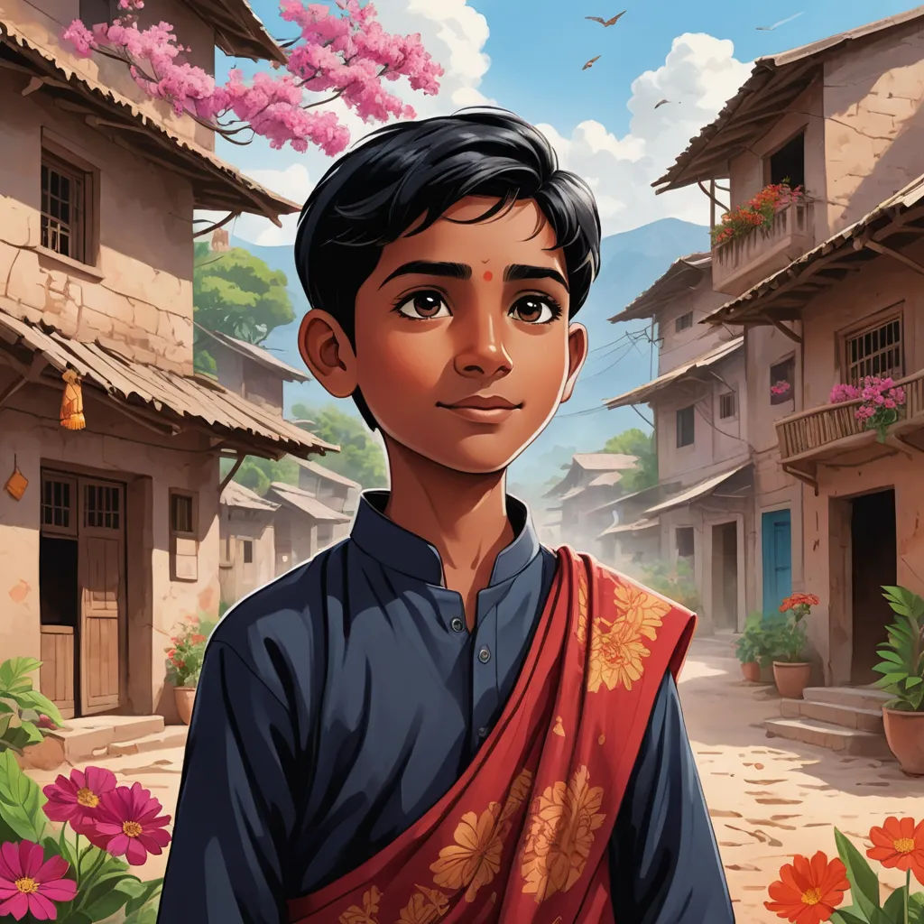 a boy in a blue shirt standing in front of a village with flowers and buildings in the background and a bird flying overhead, samikshavad, a storybook illustration, Ella Guru, book cover
