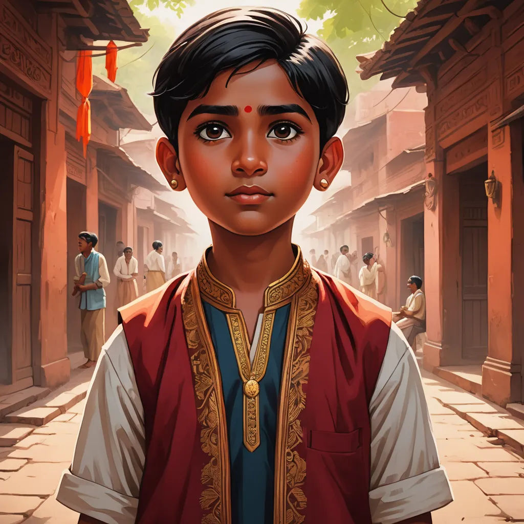 a boy in a red vest standing in a street with a red umbrella over his head and a red bag, samikshavad, a storybook illustration, Aaron Jasinski, key art