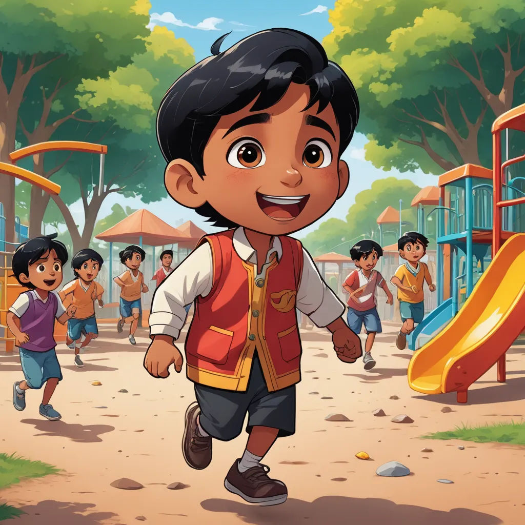a cartoon of a boy in a park with a playground in the background and children playing in the background, samikshavad, a storybook illustration, Eddie Mendoza, promotional image
