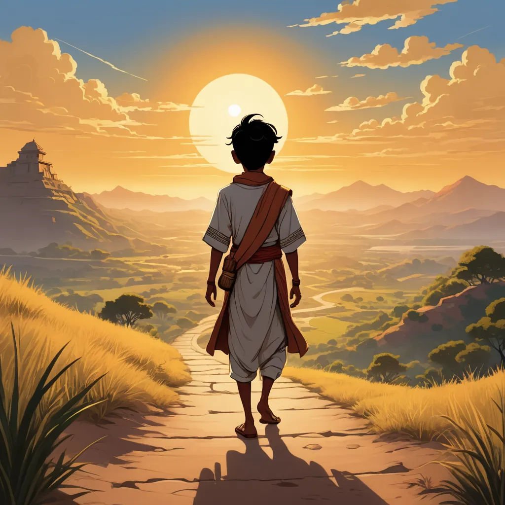 a man walking down a path towards a sunset with mountains in the background and a sky with clouds and sun, afrofuturism, poster art, Cliff Childs, rossdraws global illumination
