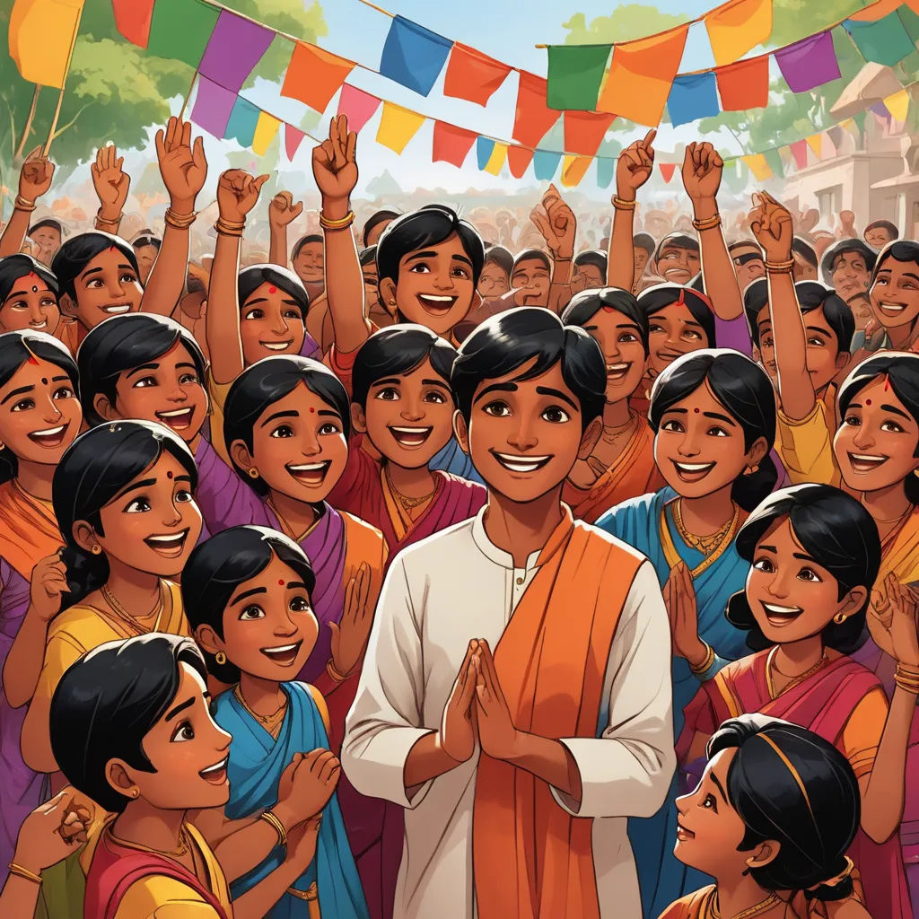 a man standing in front of a crowd of people with their hands up in the air and a banner in the background, samikshavad, a storybook illustration, Ella Guru, graphic novel