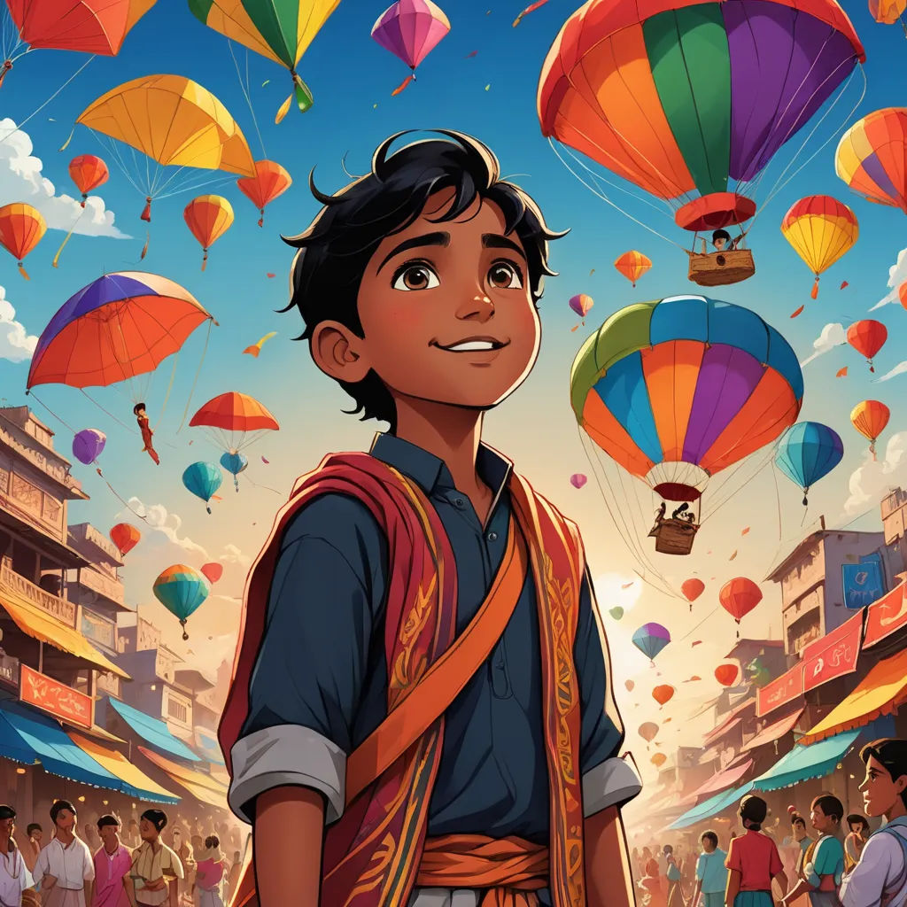 a boy with a backpack standing in front of a crowd of hot air balloons in the sky above him, samikshavad, poster art, Aaron Jasinski, comic cover art