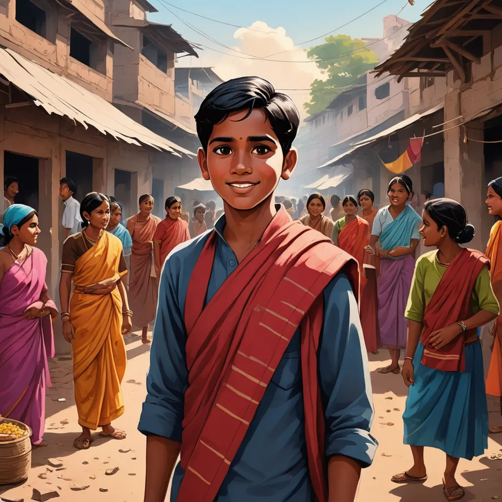 a painting of a man in a village with people around him and a kite flying overhead in the sky, samikshavad, a storybook illustration, Anthony Devas, jayison devadas