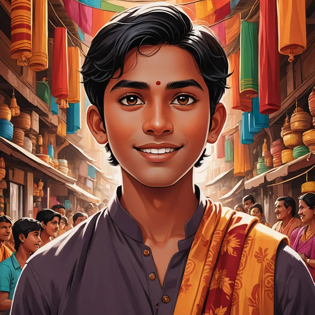 a man with a scarf around his neck in a crowded street with people in the background and a painting of him, samikshavad, a storybook illustration, Ella Guru, jayison devadas