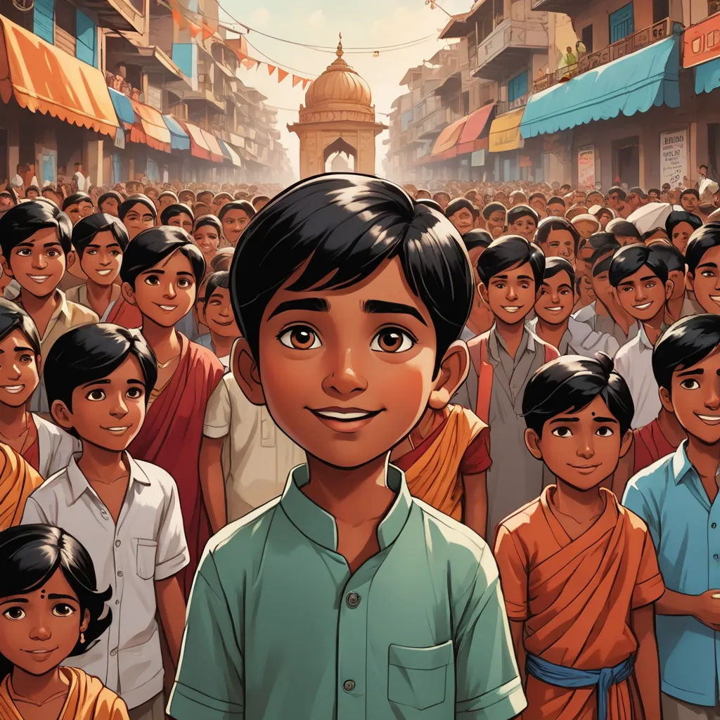 a cartoon of a boy standing in front of a crowd of people in india, with a building in the background, samikshavad, a comic book panel, Asaf Hanuka, graphic novel