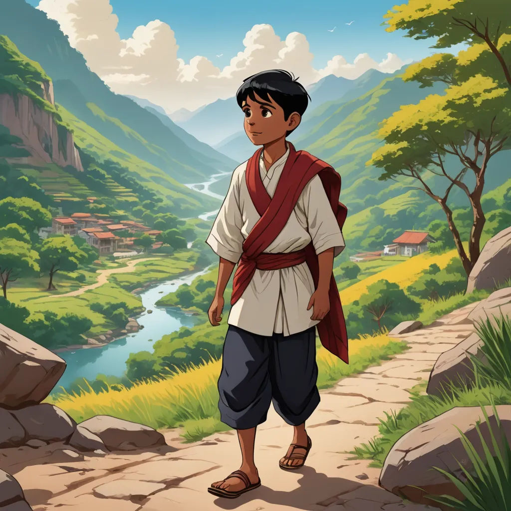 a boy in a white shirt and blue pants standing on a path in a mountainous area with a river and mountains in the background, cloisonnism, a detailed matte painting, Cliff Childs, official art