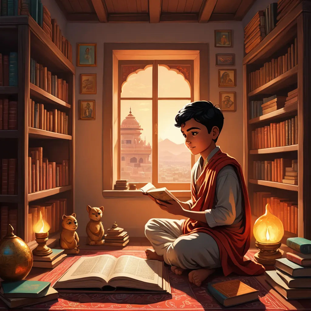 a boy sitting on the floor reading a book in a library with a window and a lamp on the floor, fantasy art, a storybook illustration, Chris LaBrooy, storybook illustration