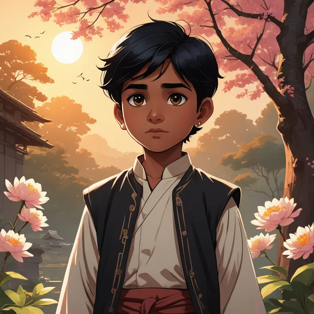 a young boy standing in front of a tree with flowers in front of him and a sun in the background, sots art, a character portrait, Cliff Childs, official art