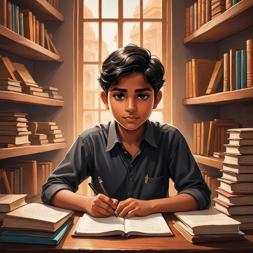 a boy is sitting at a desk with books and a pen in his hand and a bookcase behind him, samikshavad, a storybook illustration, Bikash Bhattacharjee, jayison devadas