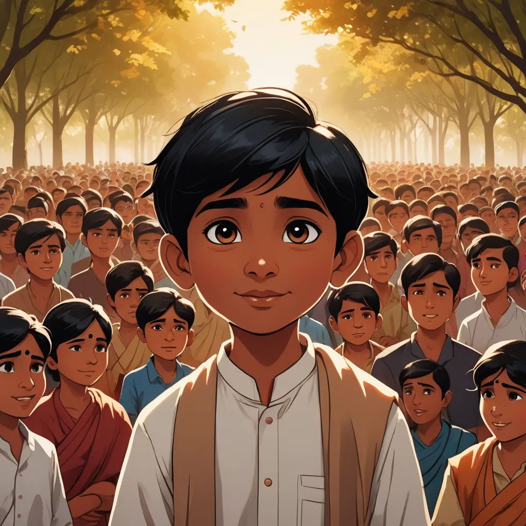 a cartoon of a boy standing in front of a crowd of people in a park with trees in the background, samikshavad, poster art, Bhupen Khakhar, graphic novel