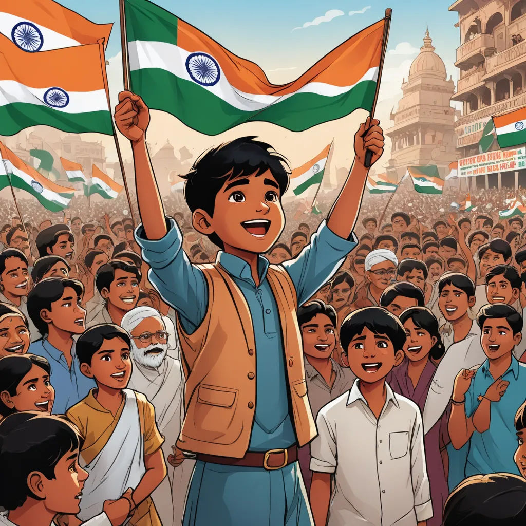 a man holding a flag in front of a crowd of people in india, with a building in the background, samikshavad, a storybook illustration, Bapu, official art