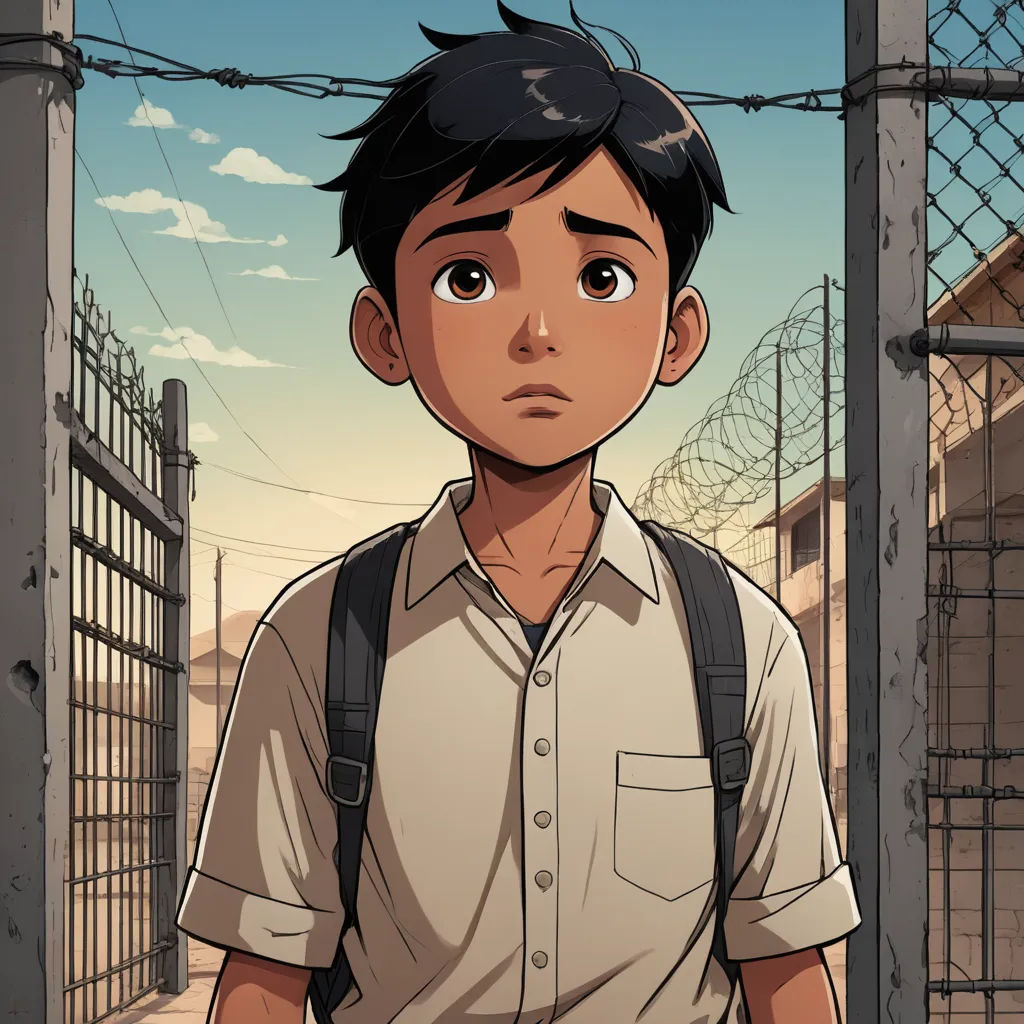 a boy with a backpack standing in front of a fence and barbed wire fenced in area with a building, serial art, a comic book panel, Asaf Hanuka, graphic novel