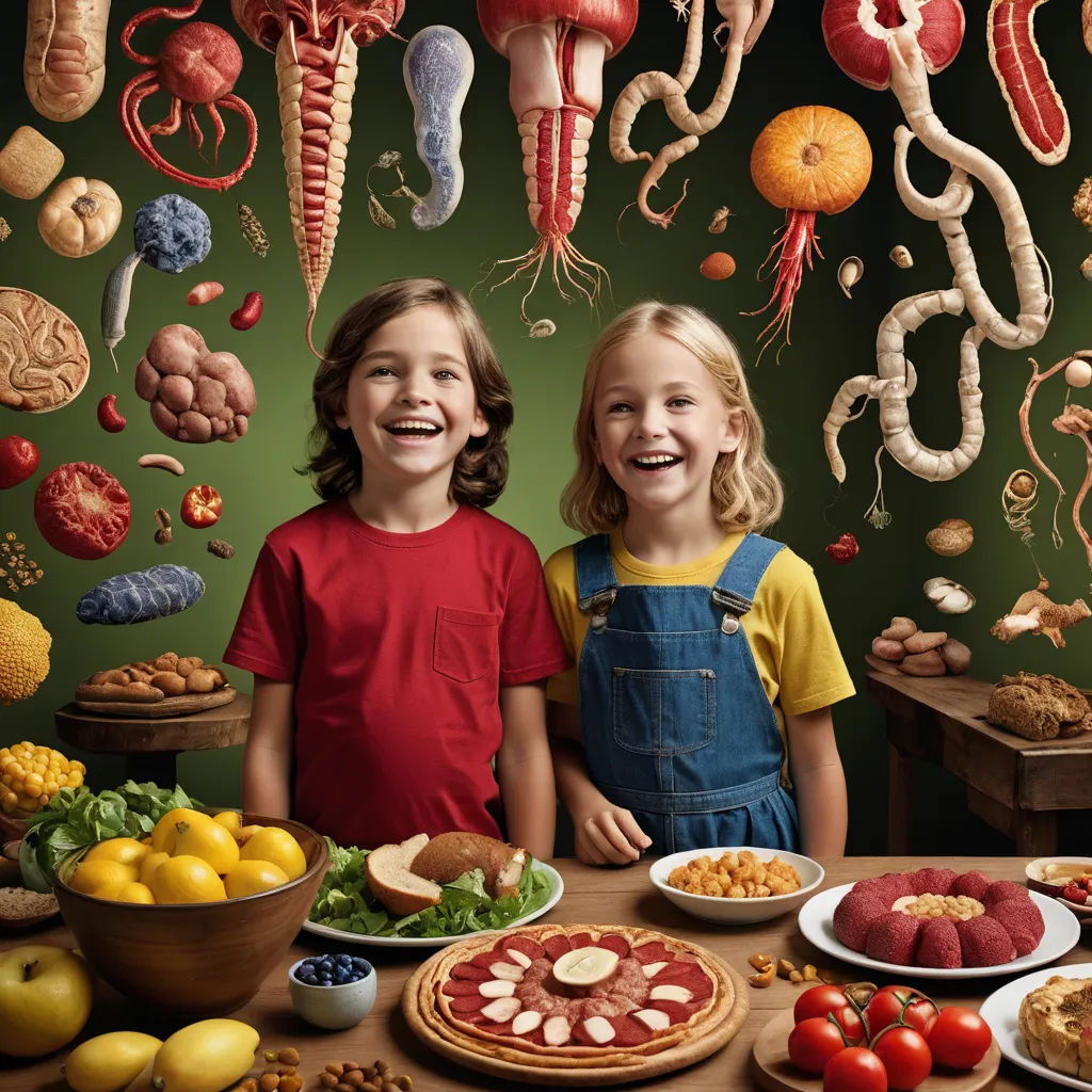 two children standing in front of a table full of food and vegetables, with a wall of food hanging above them, neoplasticism, a microscopic photo, Chris LaBrooy, promotional image