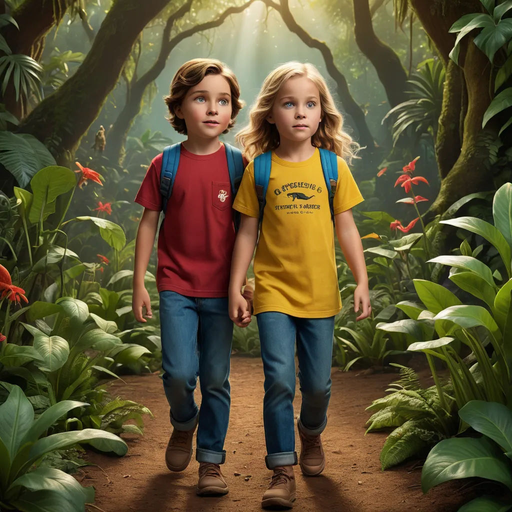 two children walking through a jungle with a light shining on them and a bird on the back of the child's shoulders, photorealism, a detailed matte painting, Chris LaBrooy, promotional image
