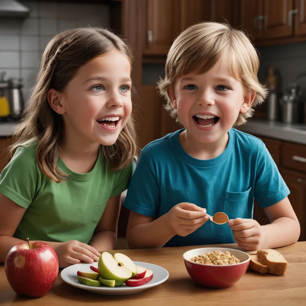 two children eating cereal and apples at a kitchen table together, with a wooden counter top and cabinets in the background, photorealism, a stock photo, Christian Hilfgott Brand, promotional image