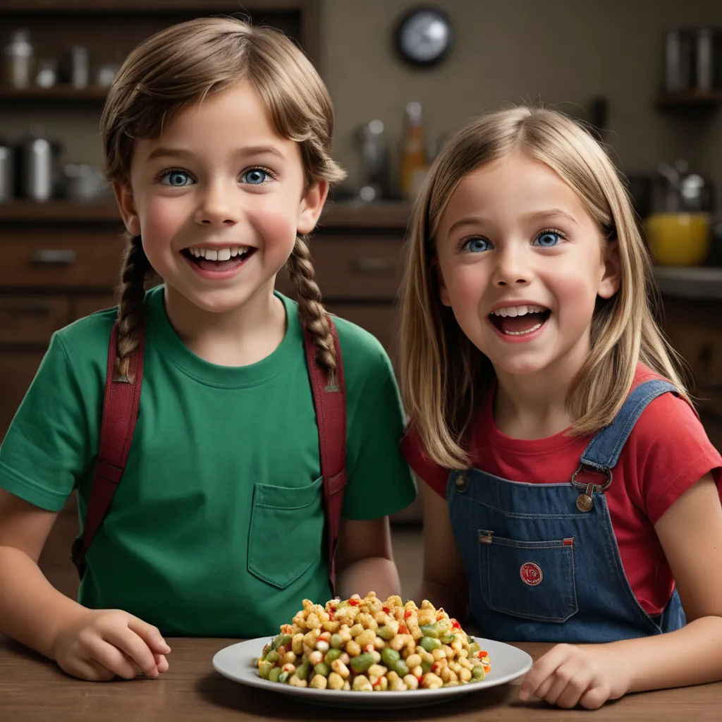 two children sitting at a table with a plate of food in front of them, smiling at the camera, photorealism, a stock photo, Chris LaBrooy, promotional image