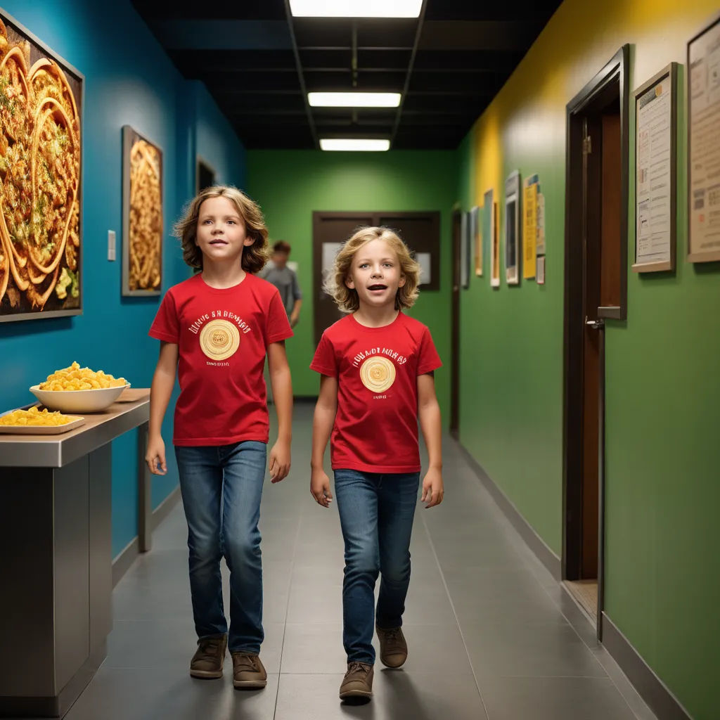 two children walking down a hallway in a school with food on the floor and paintings on the walls behind them, barbizon school, a stock photo, Chris LaBrooy, promotional image