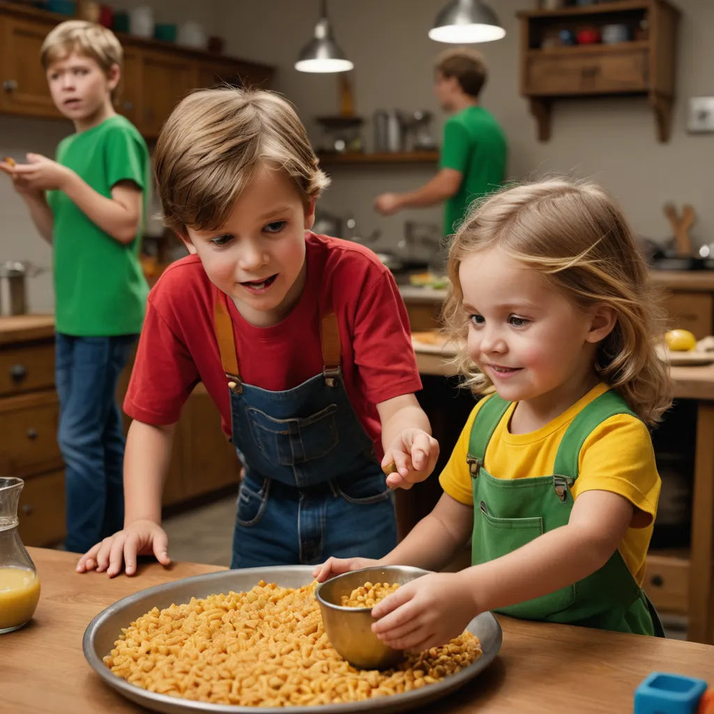 two children in a kitchen making macaroni and cheese together with a spoon and a measuring cup in front of them, photorealism, a stock photo, Bob Byerley, promotional image