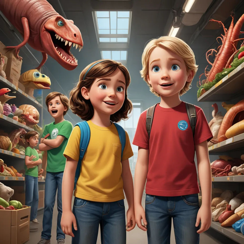 a cartoon of two children standing in a grocery store with a dinosaur in the background and a woman in the foreground, photorealism, concept art, Chris LaBrooy, ultra realistic illustration