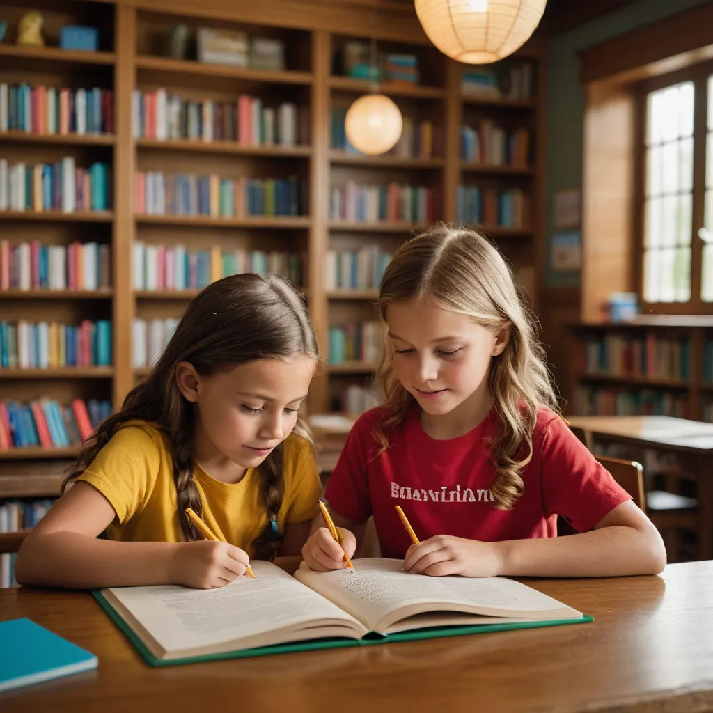 two girls are sitting at a table and writing in a book together in a library with bookshelves, heidelberg school, a storybook illustration, Bob Byerley, promotional image