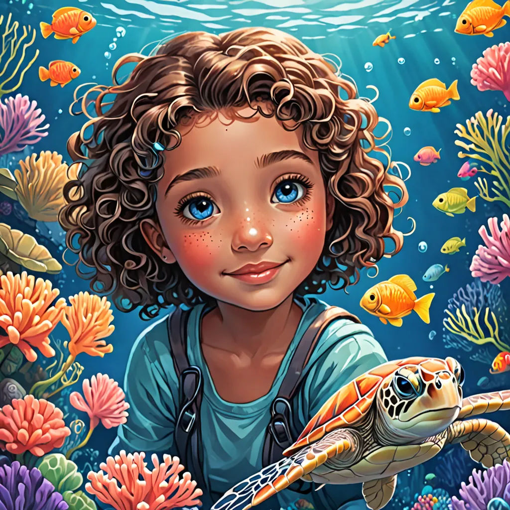 a painting of a little girl with a turtle in the ocean with corals and fish around her,, fantasy art, a storybook illustration, Cliff Childs, highly detailed digital painting