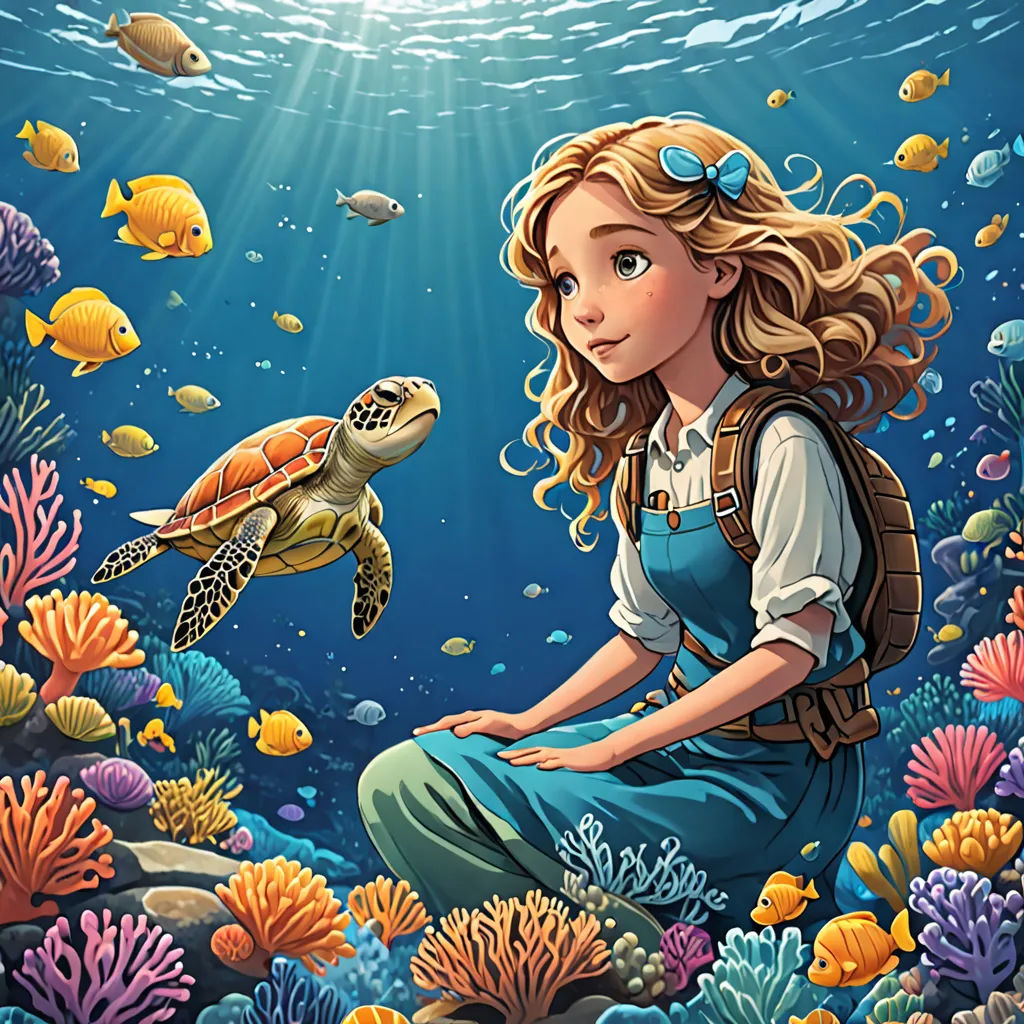 a painting of a girl sitting on a seabed with a turtle in her lap and a fish in her hand, fantasy art, a storybook illustration, Cliff Childs, storybook illustration