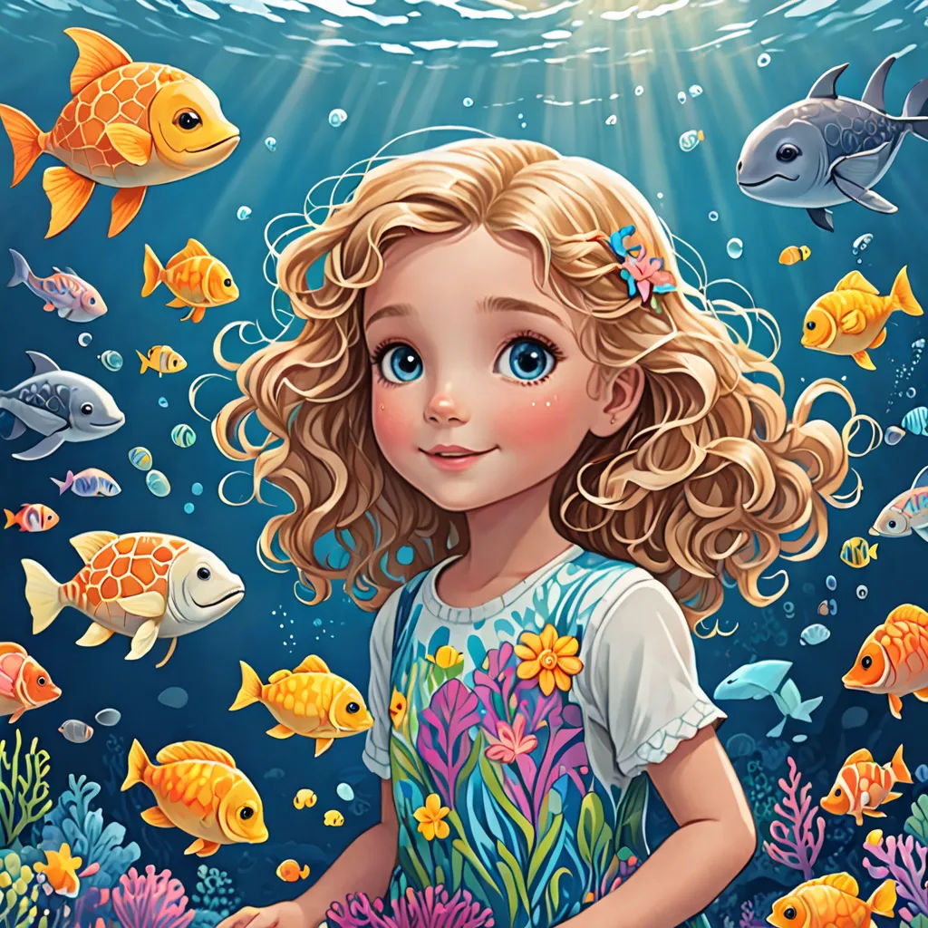 a little girl standing under the water surrounded by fish and corals, with a sunbeam above her head, pop surrealism, a storybook illustration, Cyril Rolando, highly detailed digital painting