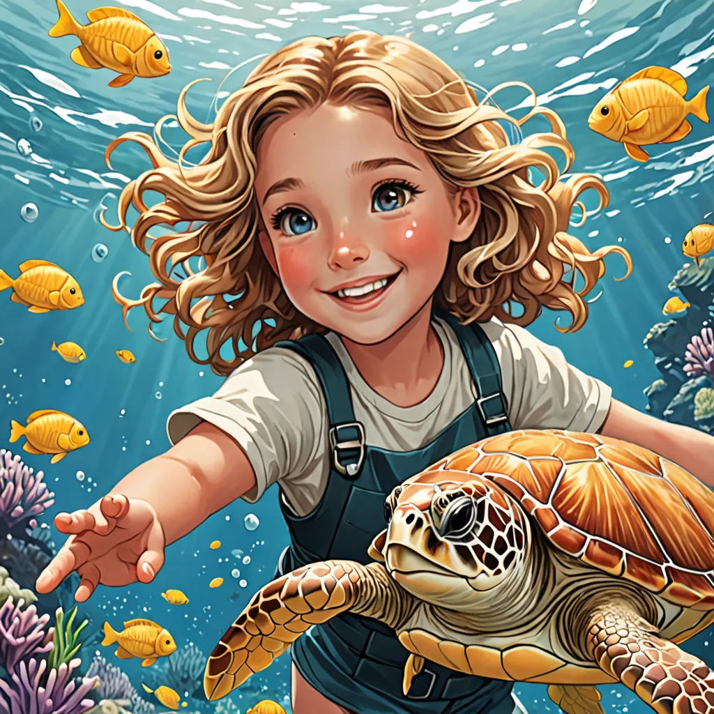 a girl is holding a turtle in the water with fish around her and a fish in the background that is underwater, fantasy art, a storybook illustration, Cliff Childs, rossdraws global illumination