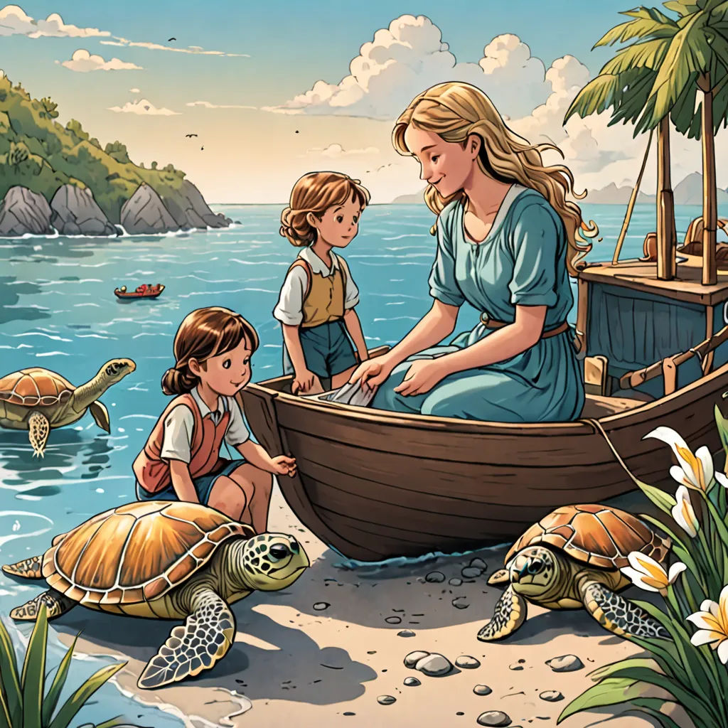 a woman and a child are in a boat with turtles on the beach and a turtle is on the ground, magical realism, a storybook illustration, Cliff Childs, storybook illustration