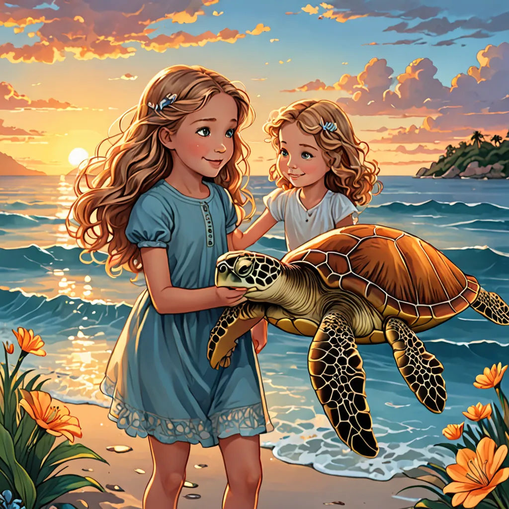 a painting of two girls holding a turtle on a beach at sunset with the sun setting behind them and the ocean in the background, magic realism, a storybook illustration, Cyril Rolando, storybook illustration