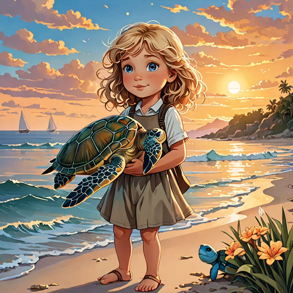 a little girl holding a turtle on a beach at sunset with a sailboat in the background and a sailboat in the water, pop surrealism, a storybook illustration, Cyril Rolando, storybook illustration
