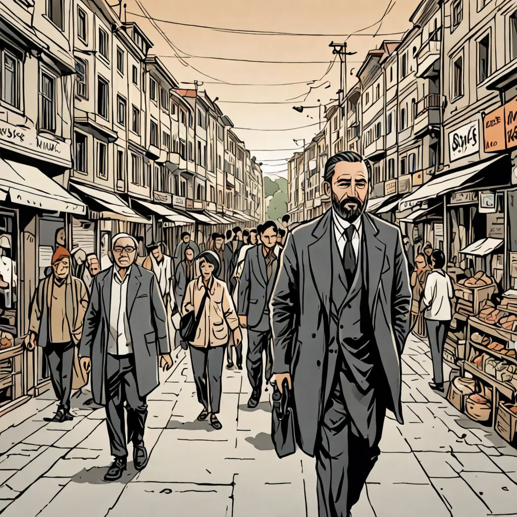 a man in a suit and tie walking down a street with people walking by onlookers behind him, process art, a comic book panel, Asaf Hanuka, graphic novel