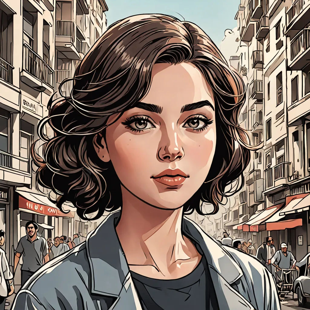 a woman with a blue shirt and a black shirt on is standing in front of a city street with people, photorealism, a comic book panel, Cedric Peyravernay, stanley artgerm lau