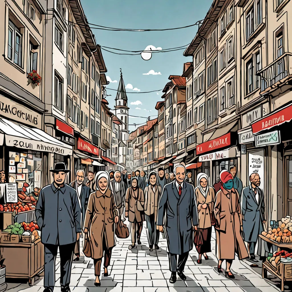 a group of people walking down a street next to buildings and a clock tower in the distance with a sky background, modern european ink painting, a comic book panel, Asaf Hanuka, high detail illustration
