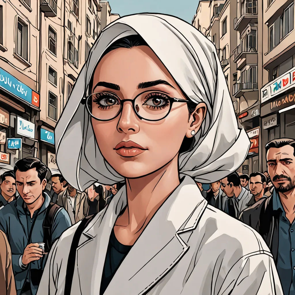 a woman in a white headscarf and glasses standing in front of a crowd of people in a city, hyperrealism, a comic book panel, Asaf Hanuka, high detail illustration