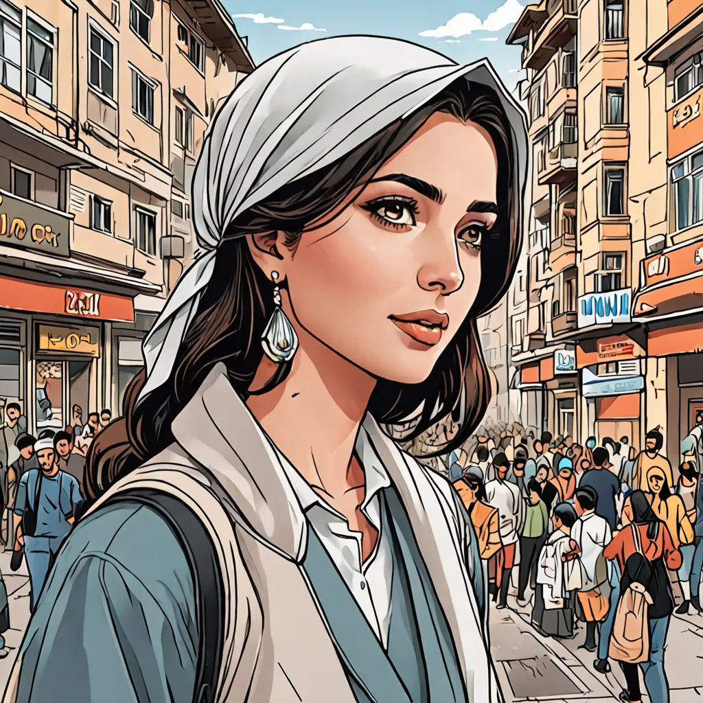 a woman in a headscarf is standing in front of a crowd of people on a city street, aestheticism, a comic book panel, Asaf Hanuka, high detail illustration