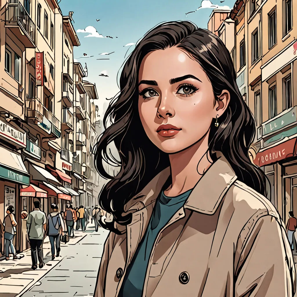 a woman standing on a street corner in a city with buildings and people walking around her, with a blue sky in the background, hyperrealism, a comic book panel, Ayshia Taşkın, comic cover art